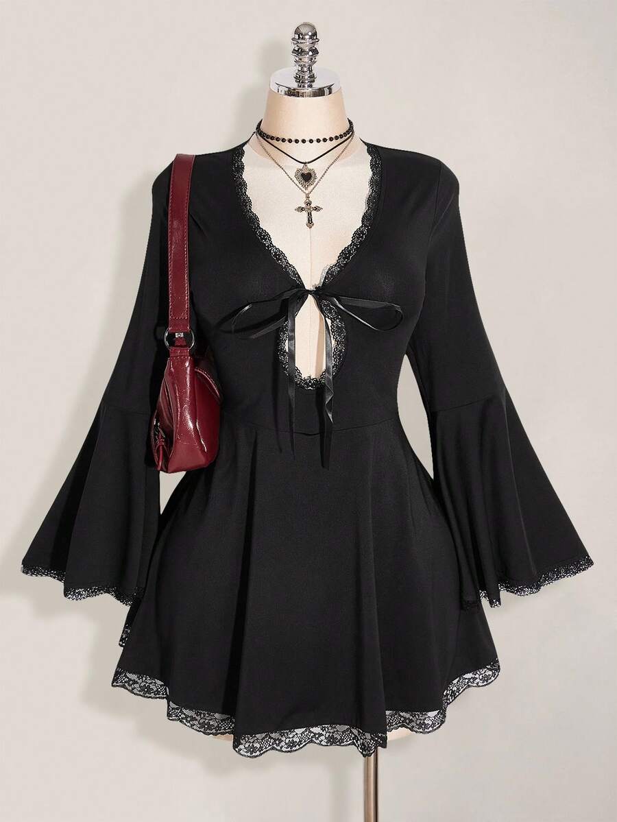 SHEIN ICON Váy len tay loe thêu ren cổ chữ V cỡ lớn, váy ngắn thắt nơ hở lưng cổ chữ V gợi cảm, Y2K, trang phục Halloween - màu đen - Xem 1