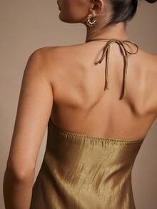 Hauture Vestido maxi de satén dorado para mujer con vestido de noche de verano con estampado frontal - Verde - Ver 3