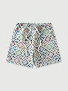 ROMWE MEN Street Life 男士全印花抽绳腰袋休闲短裤，夏季 - 彩色 - 查看 1