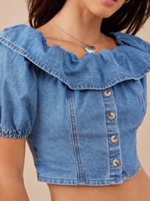 WESTFADE 荷叶边露肩纽扣前短款泡泡袖棉混纺牛仔短款上衣夏季波西米亚风牛仔女早午餐度假上衣 - 中等水洗藍 - 查看 5