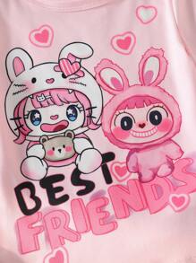 Young Girl Cute Rabbit Print Pink Pajamas Set,Summer Fairy Holiday Family Matching Sleepwear,Short Sleeve Top And Leggings Snug Fit Back To School - Pink - View 6