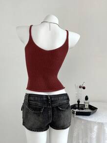 Elamini Women's Solid Color Applique Hollow Out Fitted Fashionable Camisole Sweater Knit Pullover Fall Winter