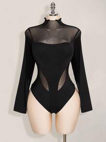 SHEIN ICON 加大码 Y2K 长袖网眼拼接紧身衣，万圣节性感网眼紧身衣，万圣节服装，秋季