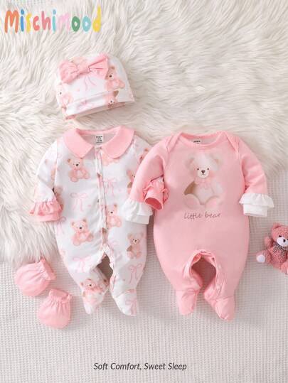 SHEIN 4 pièces Ensemble barboteuse à manches longues, chapeau et mitaines imprimés d'ours et de nœud papillon pour nouveau-né, vêtements de nuit pour bébé