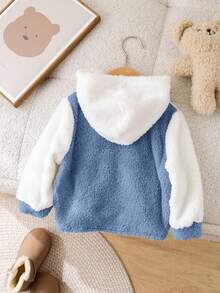 SHEIN Babyboy/Babygirl Casual Cute Colorblock Fluffy Hooded Long Sleeve Jacket, Autumn/Winter Fall - Multicolor - View 2