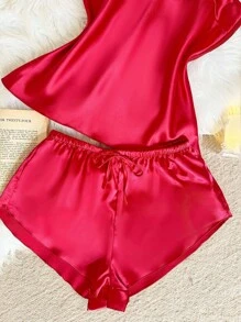 SilkySpell Set de lencería de 2 piezas para mujer compuesto por top de tirantes con escote pronunciado y shorts, de malla transparente y acabado de encaje de satén elegante