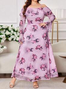 Modelyn 大码女式荷叶边露肩喇叭袖紧身花卉印花优雅浪漫度假长裙 - 彩色 - 查看 3