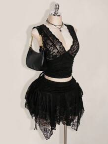 SHEIN ICON Váy ren lưới chắp vá eo nhún gợi cảm cỡ lớn viền bất đối xứng - màu đen - Xem 6