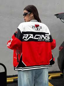 Muchica Plus Size Fashion Street Casual Outdoor Zip-Up Long Sleeve Jacket For Women Racing Jacket Women Motorcycle Jacket Women Streetwear For Women Winter Fall Autumn