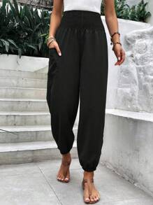 SHEIN LUNE Pantalones joggers de talle alto con cordón para mujer, de unicolor - Negro - Ver 3