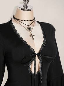 SHEIN ICON Váy len tay loe thêu ren cổ chữ V cỡ lớn, váy ngắn thắt nơ hở lưng cổ chữ V gợi cảm, Y2K, trang phục Halloween - màu đen - Xem 5