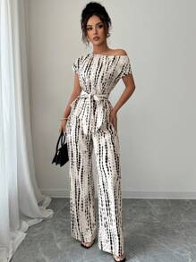 Elenzga Women's Summer Set, Asymmetrical Neck Batwing Sleeve, Drawstring Waist, Fitted Pants, Knitted Printed Fabric, Elegant And Versatile Young Style