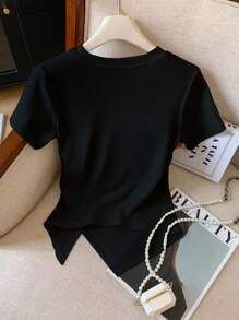 Everyssa Camiseta de manga corta versátil de cuello redondo de unicolor, verano - Café integral - Ver 7