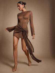 Hauture Mini Dress Sexy Estivo Trasparente Metallico Trapuntato Per Feste E Uscite - Castano - Visualizzare 5