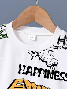 2pcs Toddler Boys' Letter Graffiti Print Round Neck Short Sleeve White T-Shirt And Khaki Woven Shorts Street Fashion Set, Summer, School, Campus, College - Khaki - View 4