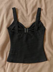 SHEIN LUNE Soleia Vacation V 领花卉金属扣白色针织纹理修身女式背心，适合度假、音乐节、波西米亚风格、节假日、下午茶约会 - 黑色 - 查看 2