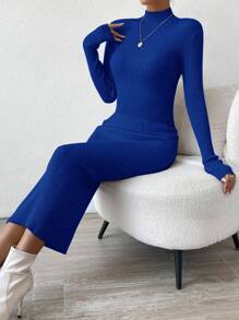 RosyDaze Solid Color Stand Collar Fitted Sweater Dress Fall Winter Cloth For Women - Blue - View 6