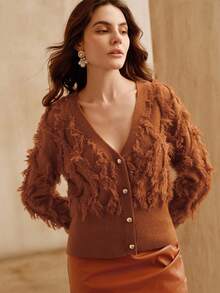 Anewsta Fashionable Fringe V-Neck Long Sleeve Knit Cardigan,Loose Flattering Design,Rust Brown,Autumn,Chic,Tea Party,Suitable For Fall,Winter,New Year,Elegant - Brown - View 5