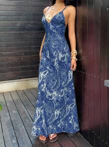 SHEIN Unity Paisley Print V-Neck Backless Tie-Up Button Designed Maxi Slip Dress - Navy Blue - View 5
