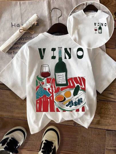 DrmWander Women's Letter & Wine Graphic Round Neck Short Sleeve T-Shirt