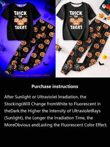 青少年男童睡衣 UV 灯夜光万圣节南瓜印花黑色针织圆领上衣和紧身南瓜印花裤两件套，万圣节礼物，建议订购大一码 - 黑色 - 查看 6