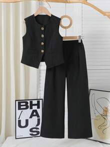 Tween Girls' Summer Plain Single Breasted Vest & Wide Leg Pants Casual 2-Piece Set Girls Pant Suit Tween Girl Pant Suit Girls Career Pant Suits Teenage Girl Pant Suit Girls Formal Pant Suit - Black - View 5