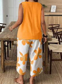 Weeklong Casual Vacation Style Sleeveless Plus Size 2 Pieces Set With Floral Patchwork - Orange - View 2