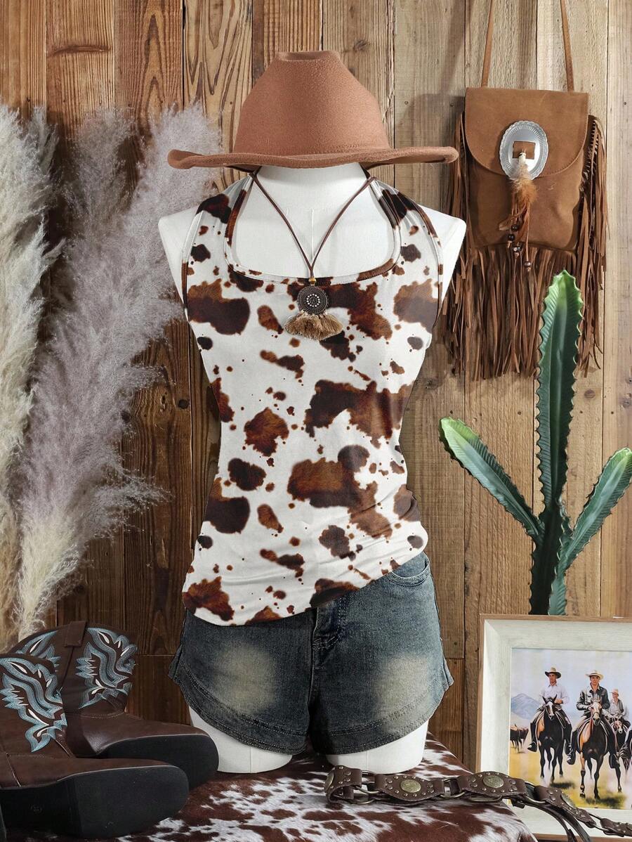 SHEIN EZwear 女式休闲简约度假游牧风格奶牛印花无袖长款背心