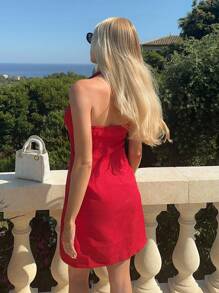 Chiquease Vestido Vermelho Sólido Sem Mangas, Sexy, Ajustado, Com Costas Abertas, Modelo A-Line, Vestido de Verão para Universidade - Vermelho - Visão 2