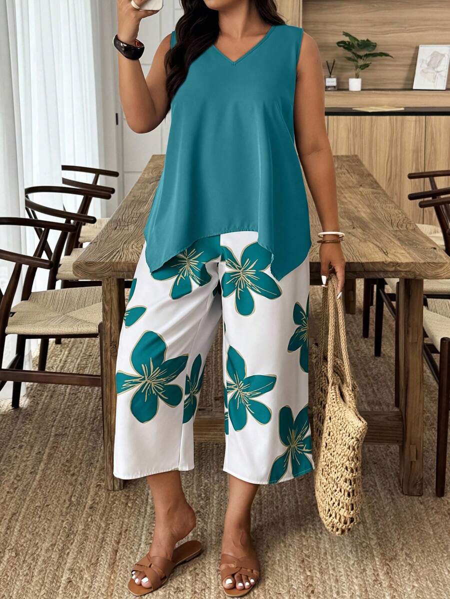 SHEIN Holidaya Bộ đồ 2 món không tay phong cách du lịch thường ngày cỡ lớn có họa tiết hoa chắp vá - Màu xanh ngọc - Xem 1