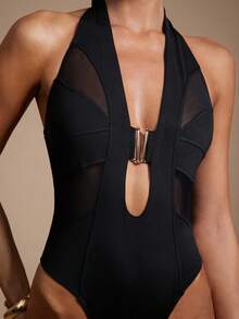 Hauture 女士性感露背镂空网眼连体衣，金色装饰，适合派对穿着 - 黑色 - 查看 3