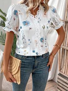 SHEIN LUNE Women's Vacation Leisure Floral Print Contrast Lace Puff Sleeve Shirt,Short Sleeve Tops