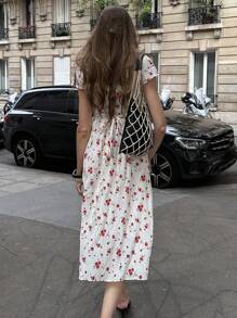 Chiquease Rose Floral V-Neck Short Sleeve High Waist A-Line Dress Summer Dress Clothes For University - White - View 2