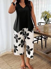 Weeklong Set de 2 piezas de estilo casual de vacaciones sin mangas talla grande con parche floral