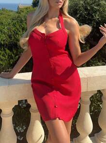 Chiquease Vestido Vermelho Sólido Sem Mangas, Sexy, Ajustado, Com Costas Abertas, Modelo A-Line, Vestido de Verão para Universidade - Vermelho - Visão 3