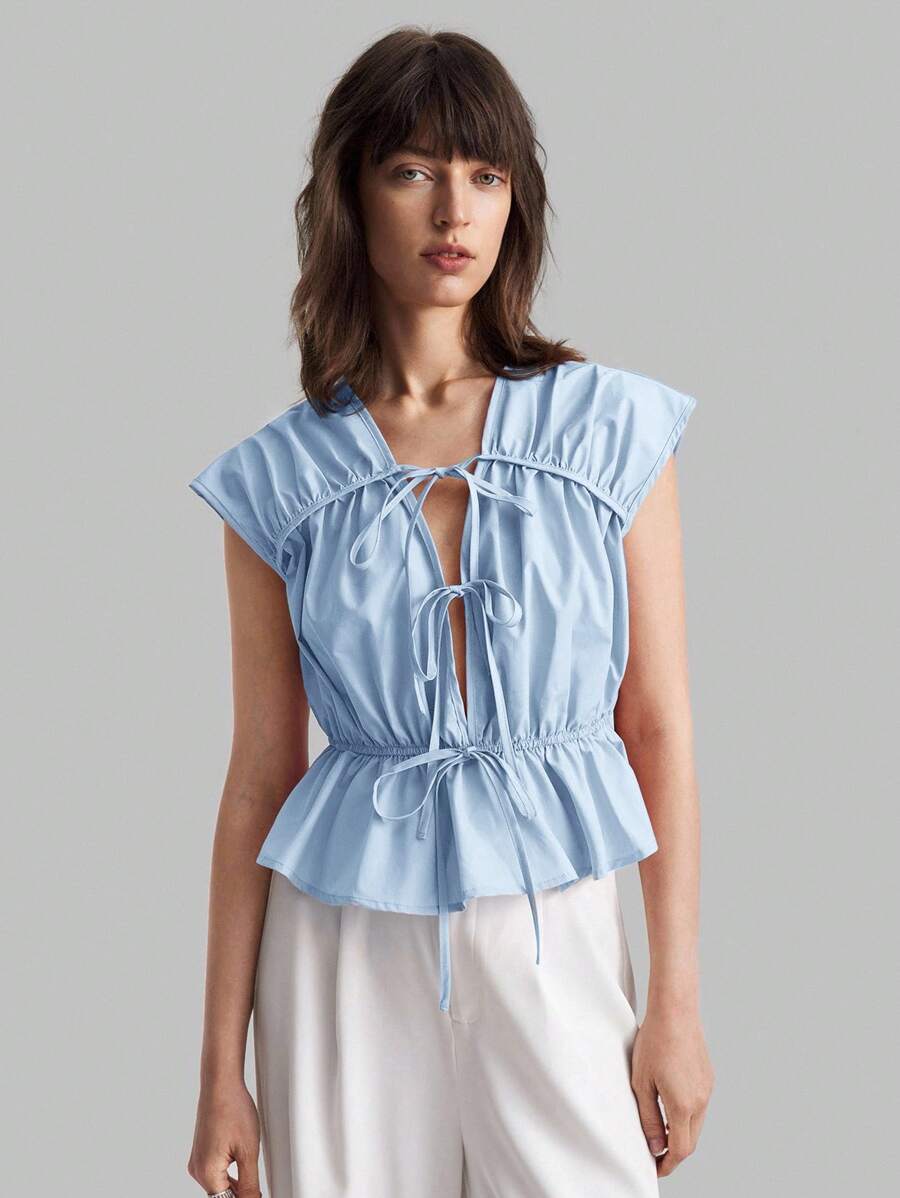 Ontre 2025年秋季女士蓝色抽绳衬衫，休闲返校装，都市商务休闲沙滩装，波西米亚风，适合万圣节、圣诞节和派对 - 藍色 - 查看 1