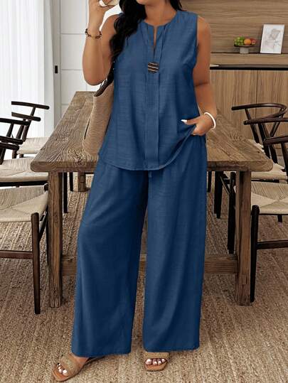 Weeklong Conjunto de 2 piezas de top de tirantes holgado con cuello en pico y pantalones casuales de verano para tallas grandes