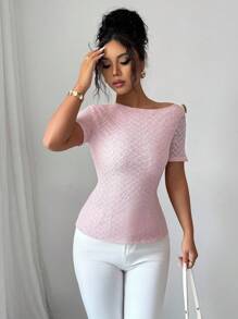 Elenzga Women's Pastel Color Jacquard Lace Asymmetrical Neckline Metal Buckle Decor Short Sleeve T-Shirt - Pink - View 6