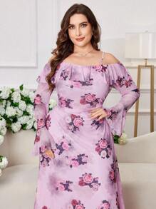 Modelyn 大码女式荷叶边露肩喇叭袖紧身花卉印花优雅浪漫度假长裙 - 彩色 - 查看 7