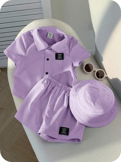 SHEIN 3 件套男婴/女婴装饰针织领短袖开衫、松紧腰短裤和帽子