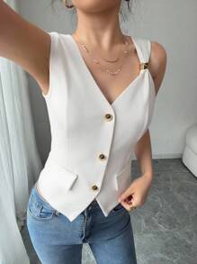 Elenzga Women's Fashionable High-Quality Solid Color Top Jacket, Professional Commuter Style Open Front Faux Pocket Waistcoat Top - White - View 3