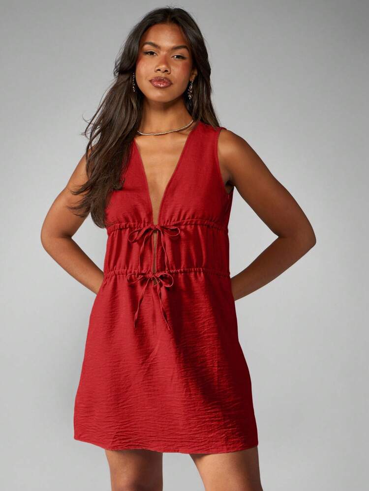 MISSGUIDED Sukienka mini bez rękawów z lnu, z głębokim dekoltem w serek, z podwyższonym stanem i ściągaczem, na lato, na plażę, na wakacje, na wieczorne przyjęcie, na brunch