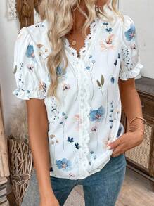SHEIN LUNE Women's Vacation Leisure Floral Print Contrast Lace Puff Sleeve Shirt,Short Sleeve Tops