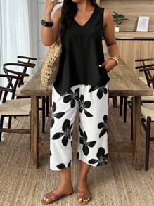 Weeklong Set de 2 piezas de estilo casual de vacaciones sin mangas talla grande con parche floral