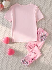 Young Girl Cute Rabbit Print Pink Pajamas Set,Summer Fairy Holiday Family Matching Sleepwear,Short Sleeve Top And Leggings Snug Fit Back To School - Pink - View 2