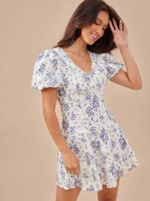 WESTFADE Floral Print Eyelet V Neck Button Front Fit Short Puff Sleeve Back Cut Out Fit & Flare Mini Sun Dress Summer Outfits For Women