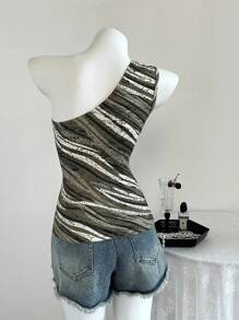 Elamini Sexy Striped Backless Asymmetric Shoulder Round Ring Crop Top - Green - View 2