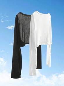 青少年女孩两件套休闲纯色长袖前开襟短款夹克 - 彩色 - 查看 2