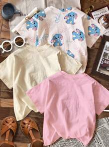 SHEIN Leap Crew 2 件套 Kawaii Naughty Lulu 蝴蝶结兔子，粉色和奶油白色，青少年女孩休闲简约短袖圆领 T 恤，适合夏季、返校季、2000 年代风格、清凉夏日、度假氛围 - 彩色 - 查看 2