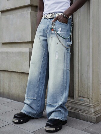 Street Life Men's Loose Fit Rhinestone Embellished Cargo Jeans